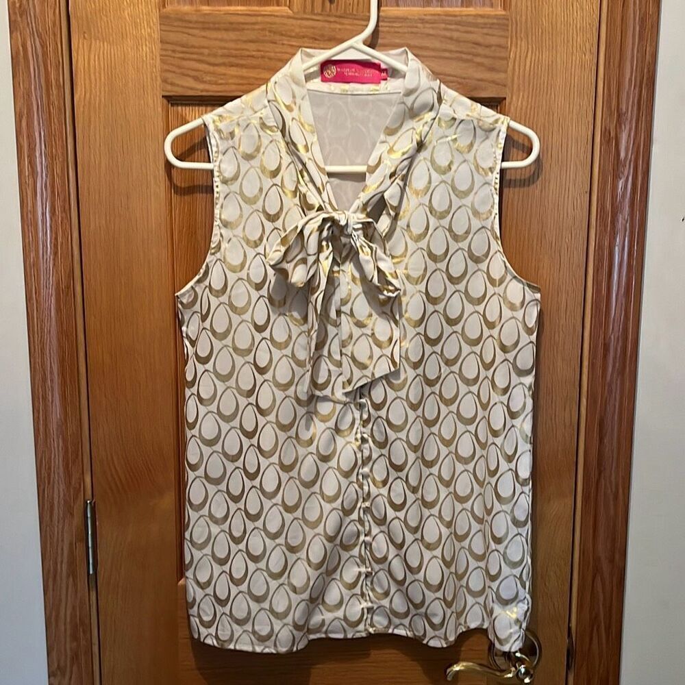 Macbeth Collection By Margaret Josephs White Gold Neck Tie Blouse Top Medium